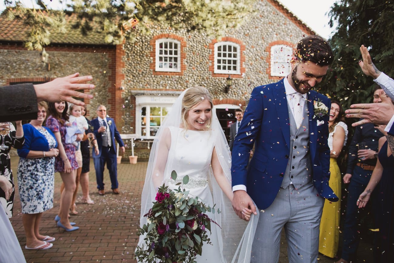 thursford garden pavilion wedding bride and groom confetti