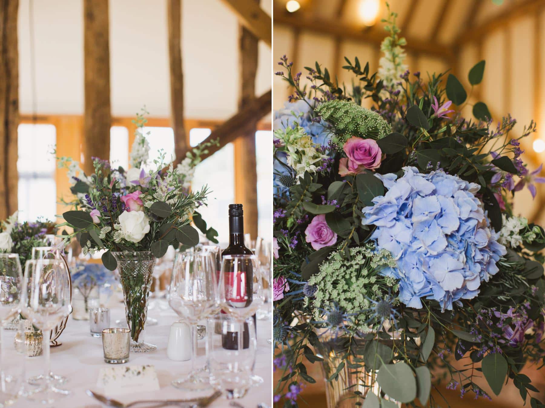 bruisyard hall and barn wedding flowers on tables