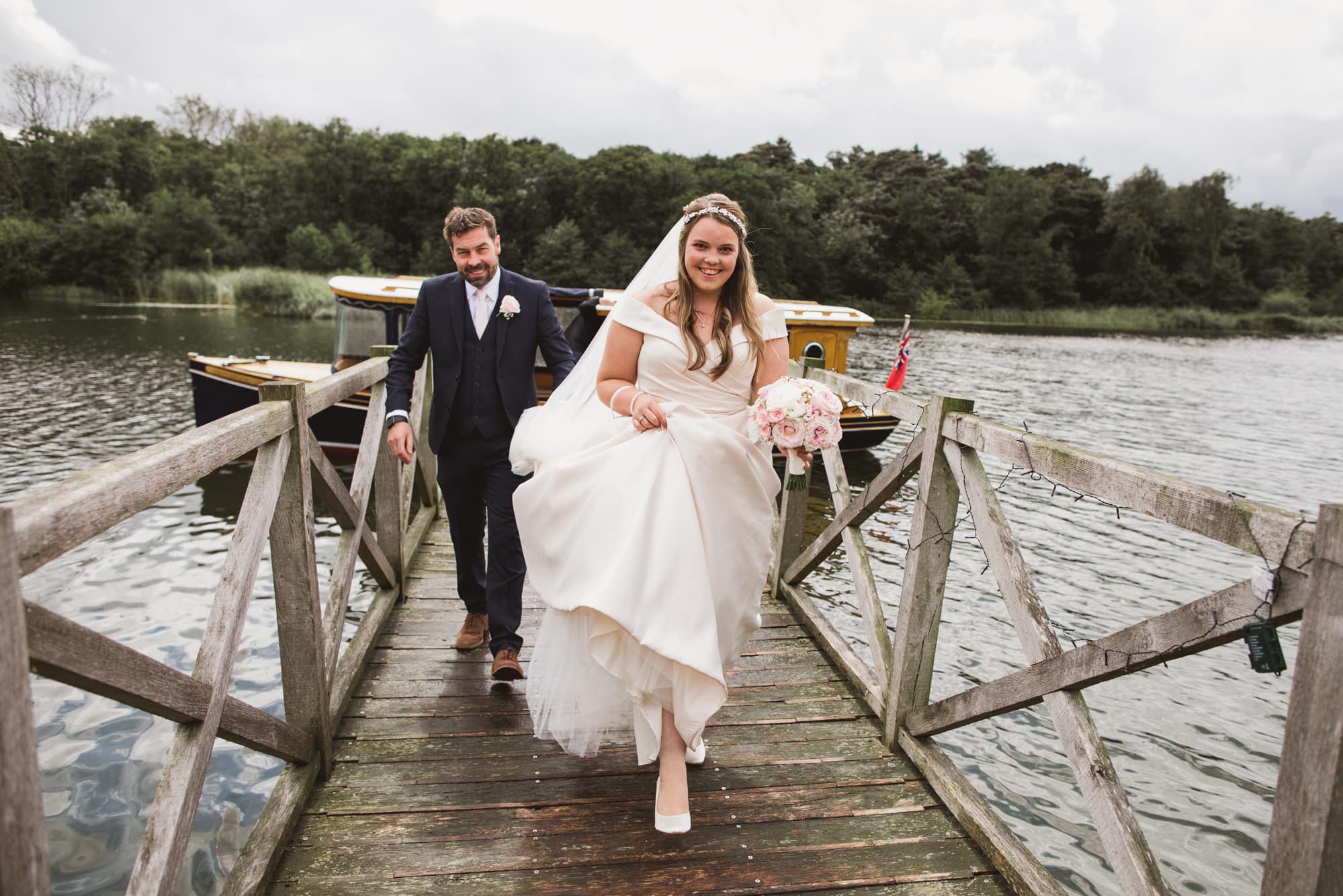 bride and dad arriving on the norfolk broads