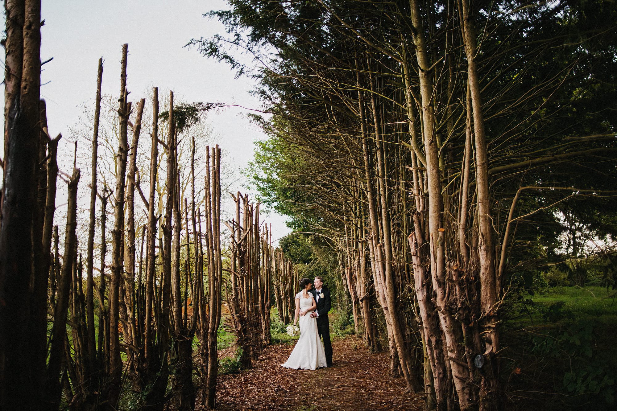 bride and groom standing in tall trees facing each other